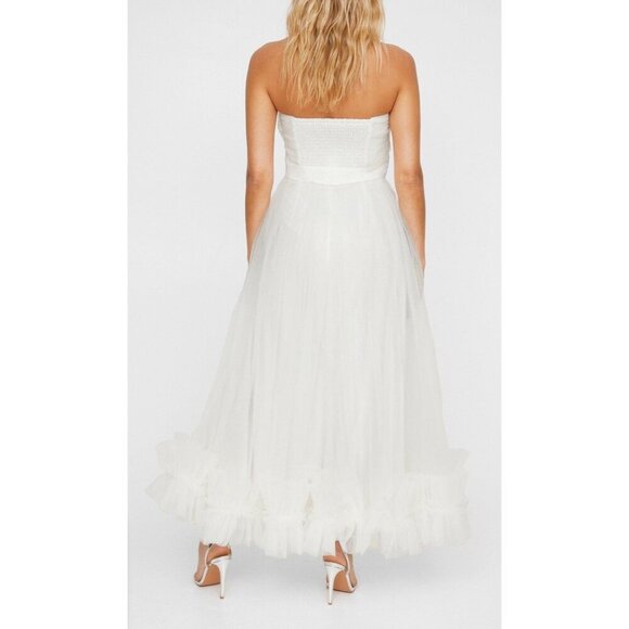 NEW! NASTY GAL STRAPLESS Tulle Bandeau RUFFLE Hem Midi Dress White SZ 6 - Picture 3 of 11
